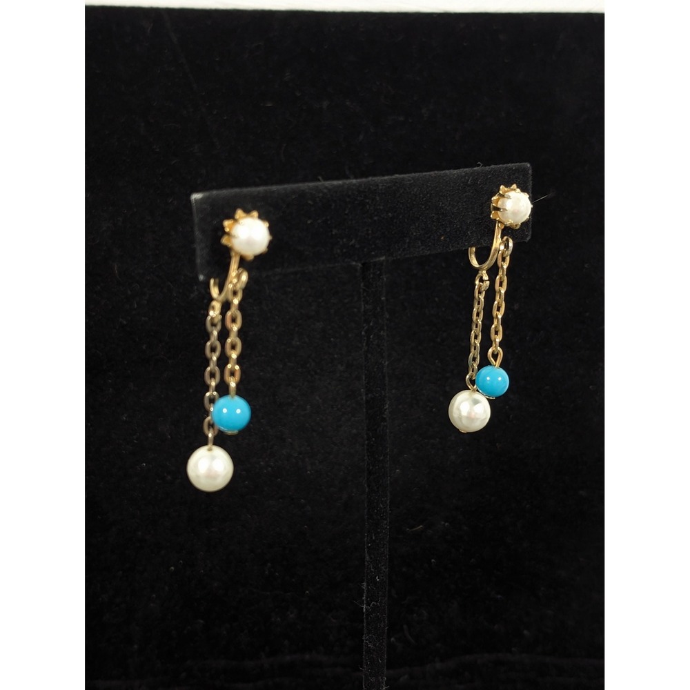 Vintage Blue White Faux Pearl Dangle Earrings Gold Tone‎ Screw Back